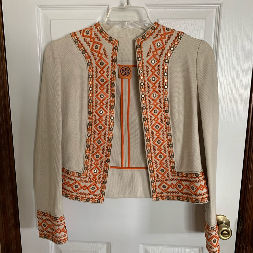 Tory Burch cream jacket with orange embroidery